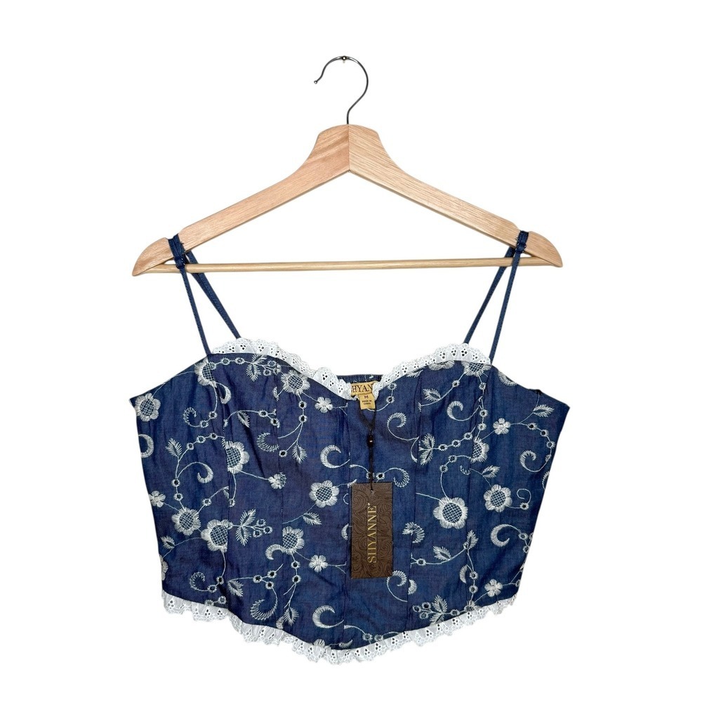 Nwt Shyanne Blue Denim Embroidered Corset Top Size M - Picture 2 of 5